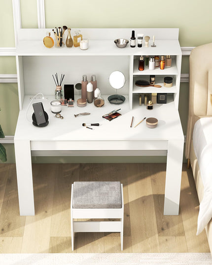 Giantex Computer Desk with Hutch, Modern Home Office Desk with Power Outlets, Storage Shelves & Cable Hole