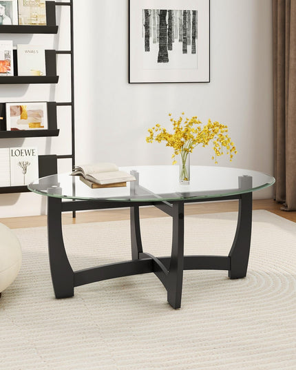 Giantex Glass Coffee Table, 48" Oval Accent Tea Table with Tempered Glass Top & Solid Wood Structure