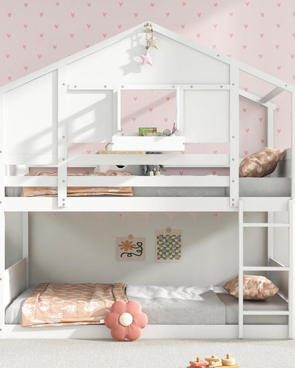 Giantex Bunk Bed Twin Over Twin, Wood House Bed for Kids with Roof, Window Door, White