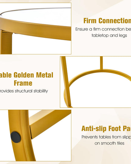 Giantex Faux Marble Side Table, Round End Table with Golden Metal Frame and White Marble Top