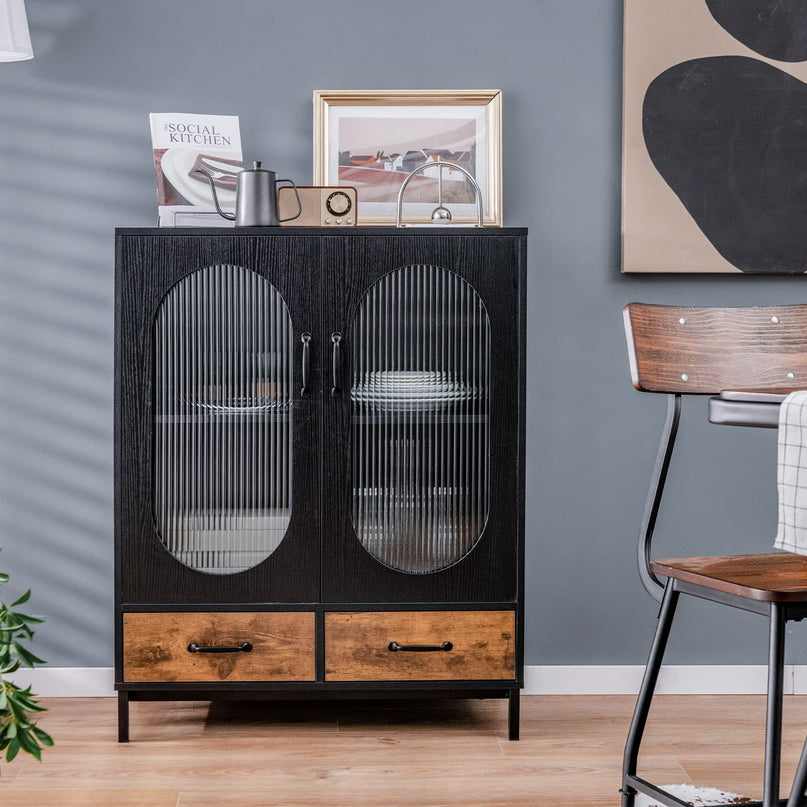 Giantex Buffet Cabinet with 2 Drawers, Wooden Sideboard, Standing 2-Tier Cupboard (Black & Brown)