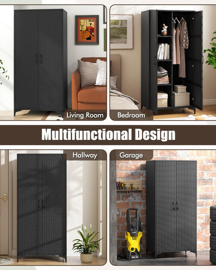 Giantex Wicker Storage Cabinet, 62” Tall Pantry Cabinet with 2 Doors, Hanging Rod, 4 Storage Cubes