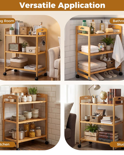 Giantex 3-Tier Rolling Storage Cart | Bamboo Utility Cart w/ 3 Side Hooks & Adjustable Shelves