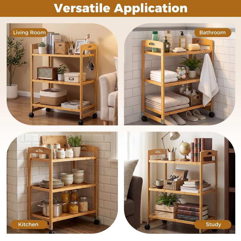 Giantex 3-Tier Rolling Storage Cart | Bamboo Utility Cart w/ 3 Side Hooks & Adjustable Shelves