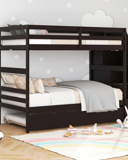 Giantex Twin Over Twin Bunk Bed with Trundle and Storage Stairs, Solid Wood Bunk Bed Convertible 3 Bed Frames for Bedroom