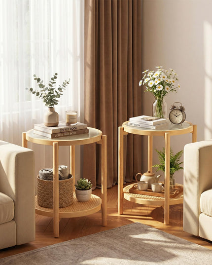 Giantex Rattan Round Side Table | 2-Tier Boho End Table w/Tempered Glass Top (1/2)