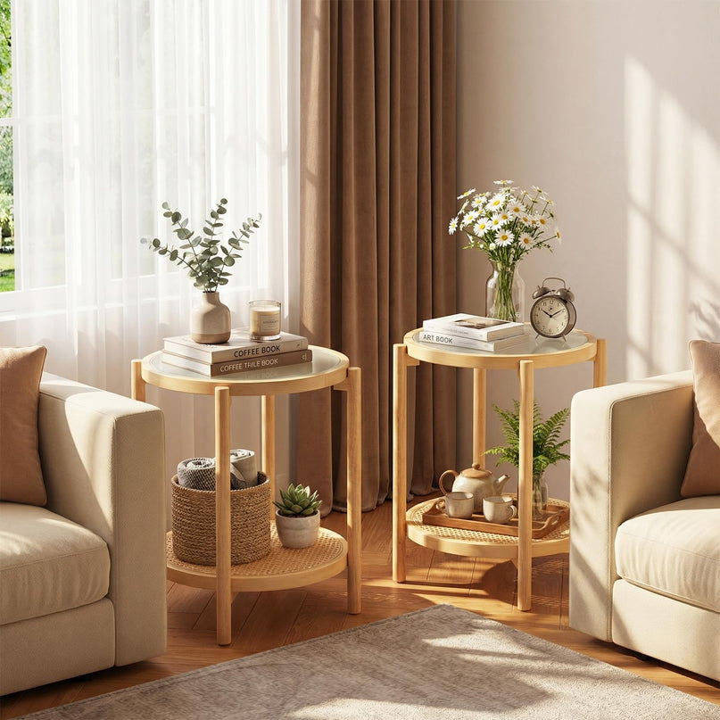 Giantex Rattan Round Side Table | 2-Tier Boho End Table w/Tempered Glass Top (1/2)