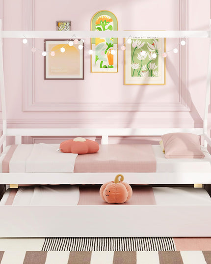 Giantex Twin House Bed with Trundle, Wood Montessori Tent Bed Frame with Safety Guardrail