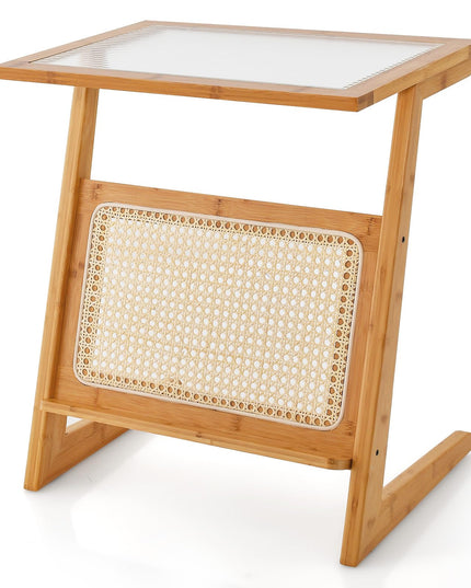 Giantex Rattan Side Table, Boho End Table with Glass Top & Magazine Rack, Z-Shaped Nightstand with Storage