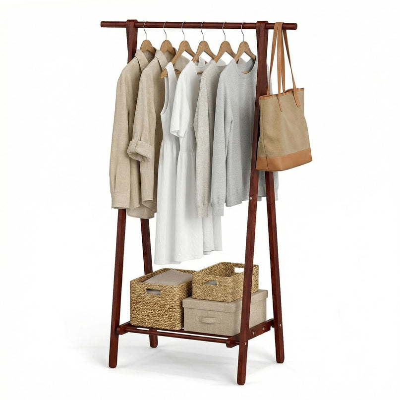 Giantex Solid Rubber Wood Clothes Hanging Stand with Storage Shelf for Garments Hats Handbags