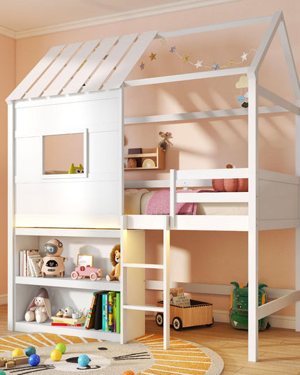 Giantex Twin Size Loft Bed with LED Lights Roof Window & Storage Bookshelf