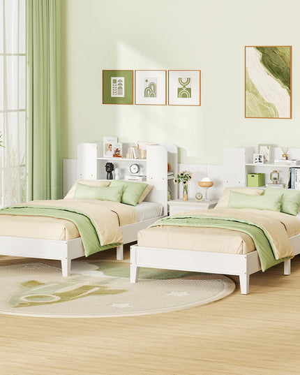 Giantex Twin Bed Frames for Kids, Wooden Twin Size Bed with Storage Bookcase Headboard