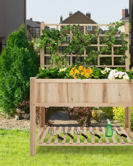 Giantex Wood Planter with Trellis, Standing Raised Garden Bed
