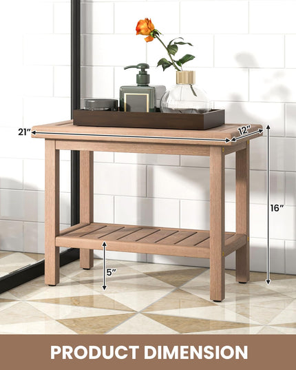 Giantex Teak Shower Bench, 21" Waterproof Spa Bath Seat with Storage Shelf and Non-Slip Foot Pads