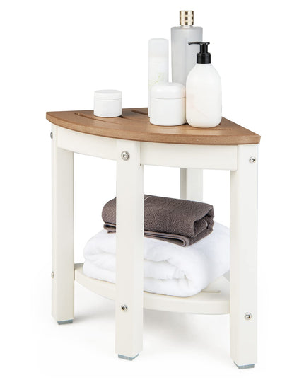 Giantex Corner Shower Stool Waterproof - HDPE Shower Bench Seat with Storage Shelf