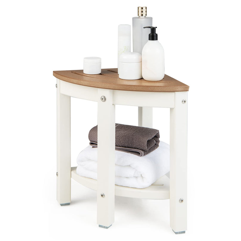 Giantex Corner Shower Stool Waterproof - HDPE Shower Bench Seat with Storage Shelf