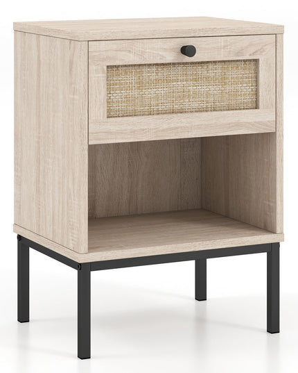 Giantex Rattan Nightstand with Drawer, Boho Side Table with 4 Metal Legs and Open Storage Shelf