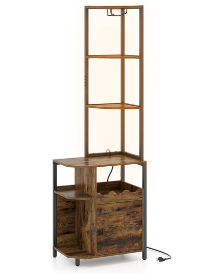 Giantex Corner Bar Cabinet w/Power Outlets | 6-Tier Industrial Wine Cabinet w/LED Light Strip