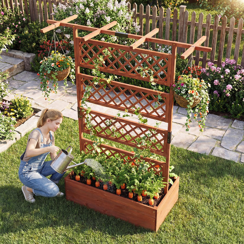 Giantex Raised Garden Bed with Trellis 1/2 Pack 72'' Wooden Planter Box(60"Lx22”Wx 72"H)
