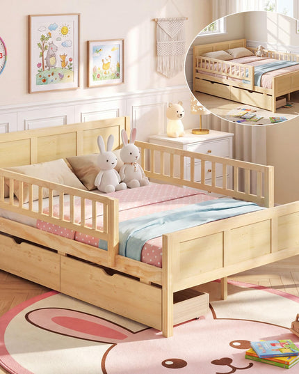 GIANTEX Full/Twin  Size Bed Frame with 2 Storage Drawer & Guardrails for Kids