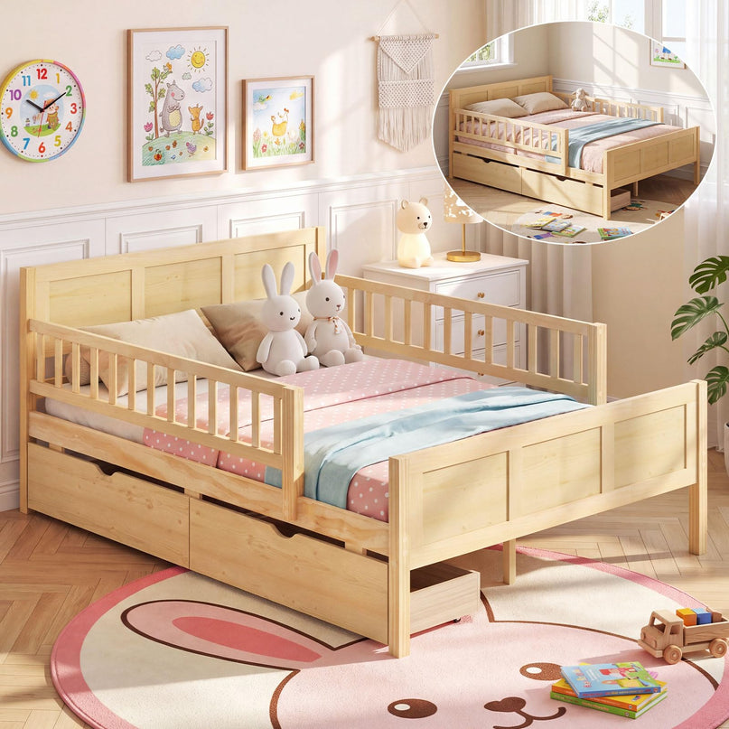 GIANTEX Full/Twin  Size Bed Frame with 2 Storage Drawer & Guardrails for Kids