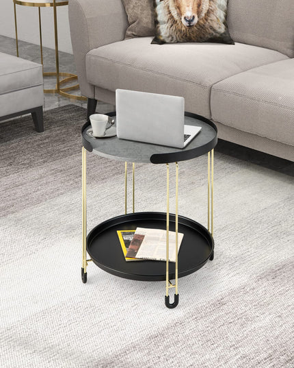 Giantex Modren Side Table, Faux Marble End Table with Golden Frame and Removable Tray