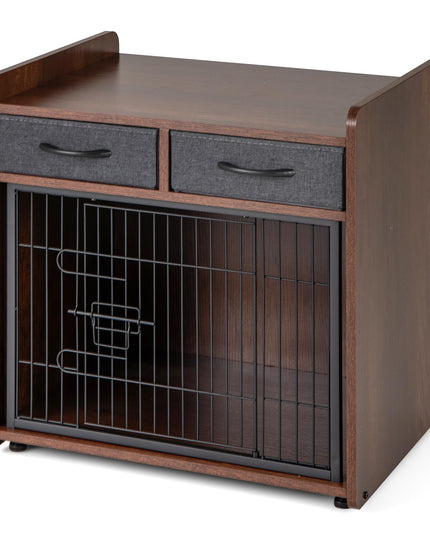 Giantex Dog Crate Furniture - Wooden Dog Cage End Table with 2 Storage Drawers