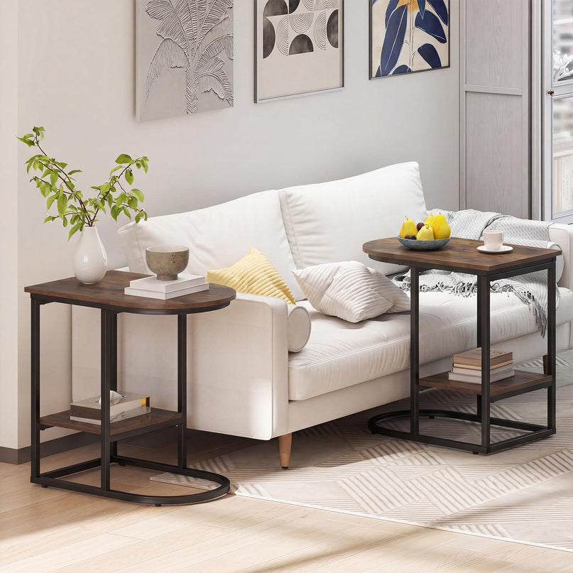 Giantex C Shaped End Table with Industrial Wood Tabletop & Storage Shelf