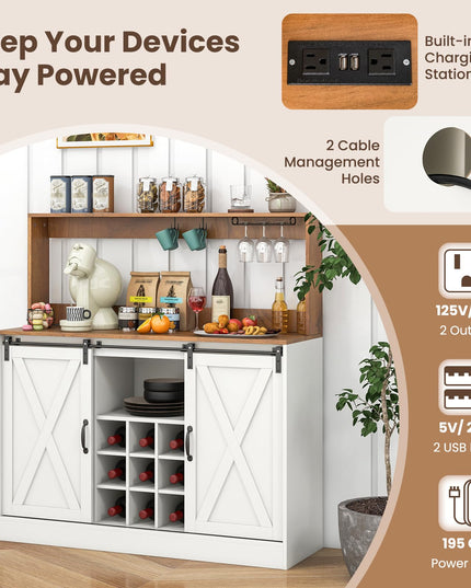 Giantex Farmhouse Buffet Cabinet with Hutch, Charging Station, 9 Bottle Wine Rack, Cup Glass Holder