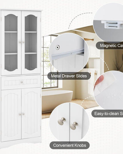 Giantex 63" Tall Bathroom Cabinet, Pantry Cabinet with Tempered Glass Doors, Adjustable Shelves & Large Drawer