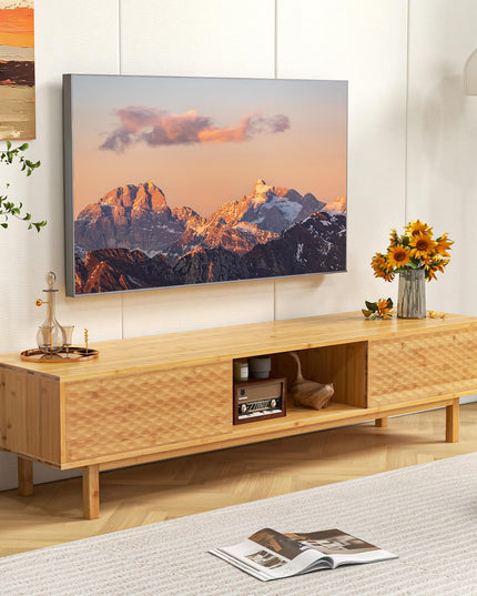 Giantex 63” Bamboo TV Stand, Entertainment Center with 3 Storage Cubes, Sliding Doors