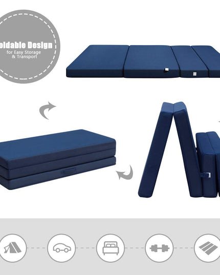 4" Thick Folding Portable Mattress Pad Sofa Bed with No Carrying Handles and Removable Washable Fabric Queen Blue