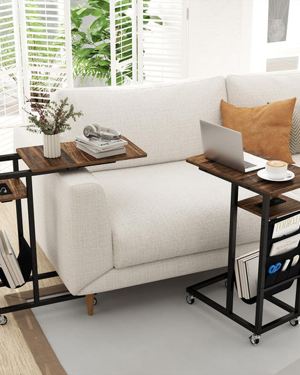 Giantex C Shaped End Table with Charging Station and Wheels
