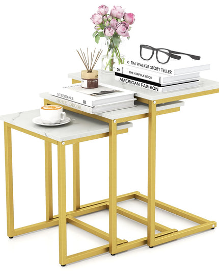 Giantex Nesting Coffee Table Set of 3 w/Faux Marble Tabletop & Heavy-Duty Metal Frame