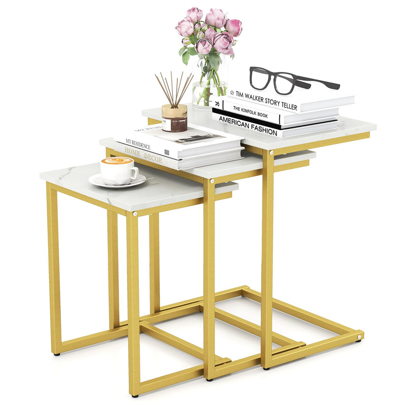 Giantex Nesting Coffee Table Set of 3 w/Faux Marble Tabletop & Heavy-Duty Metal Frame