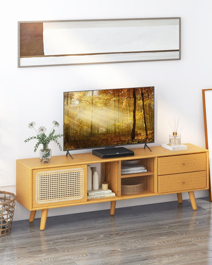 Giantex Bamboo TV Stand for 55 60 65 Inch TV, PE Rattan Entertainment Center with Sliding Doors