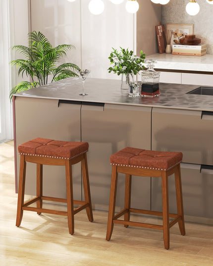 Giantex Bar Stools Set, 25" Counter Height Bar Stools w/Saddle Seat, Footrest, Rivet, Button Tufted, Rubber Wood Frame