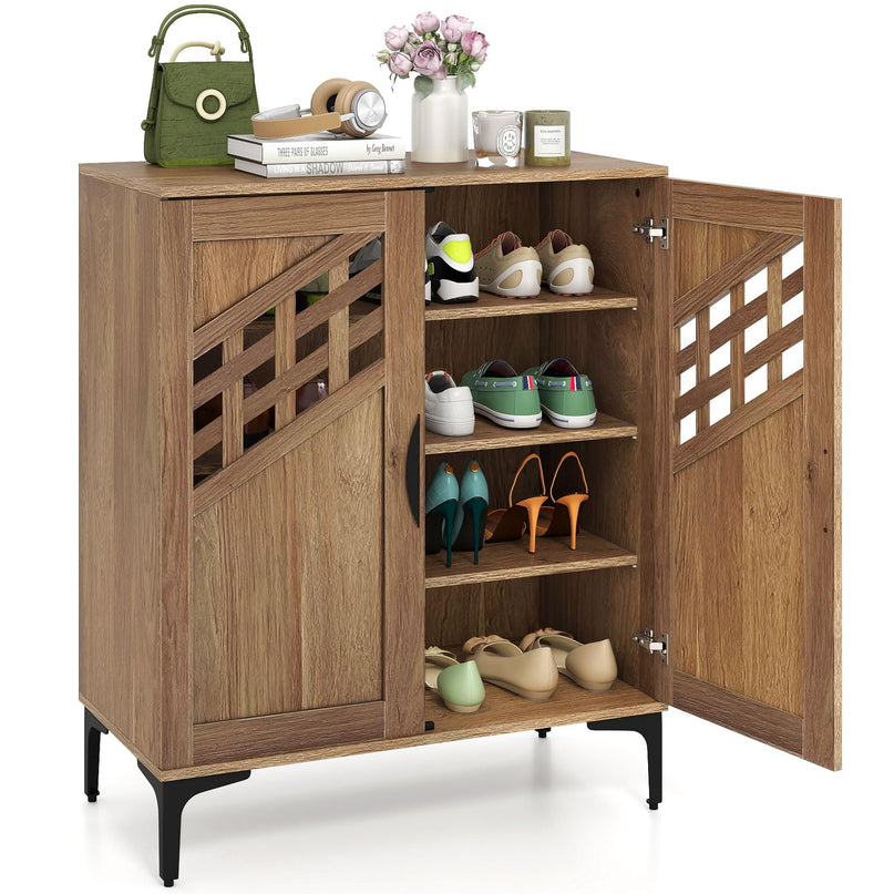Giantex 4-Tier Wooden Shoe Organizer Cabinet W/Hollow Woven Doors Removable Shelves