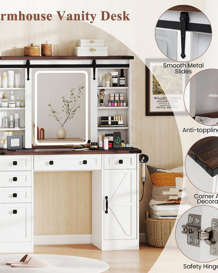 CHARMAID Farmhouse Vanity Table with Barn-Style Sliding Lighted Mirror