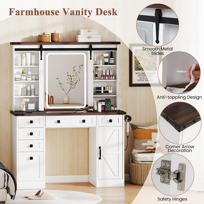 CHARMAID Farmhouse Vanity Table with Barn-Style Sliding Lighted Mirror