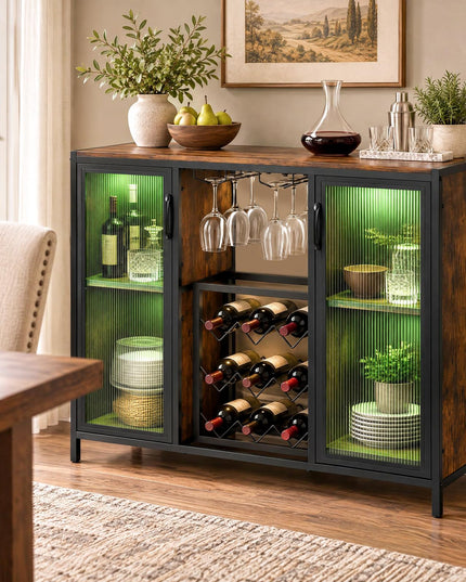 GIANTEX Modern Coffee Bar Cabinet with LED Lights & Wine Racks