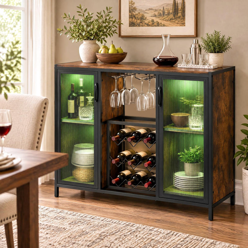 GIANTEX Modern Coffee Bar Cabinet with LED Lights & Wine Racks