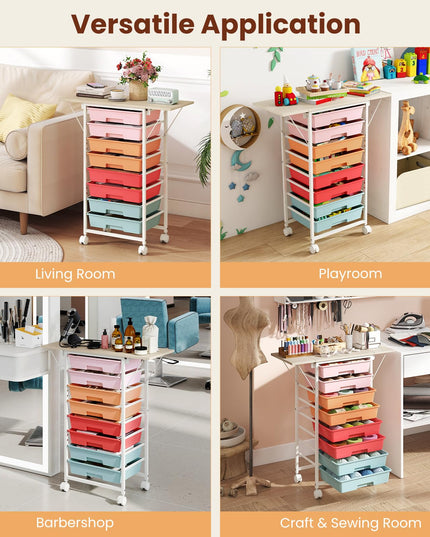 Giantex 8 Drawers Rolling Cart with Wheels Folding Wood Top