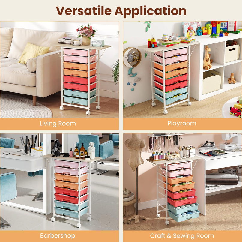 Giantex 8 Drawers Rolling Cart with Wheels Folding Wood Top