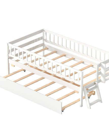 GIANTEX Trundle Bed Twin Size with Bookshelf 2-Step Ladder for Kids