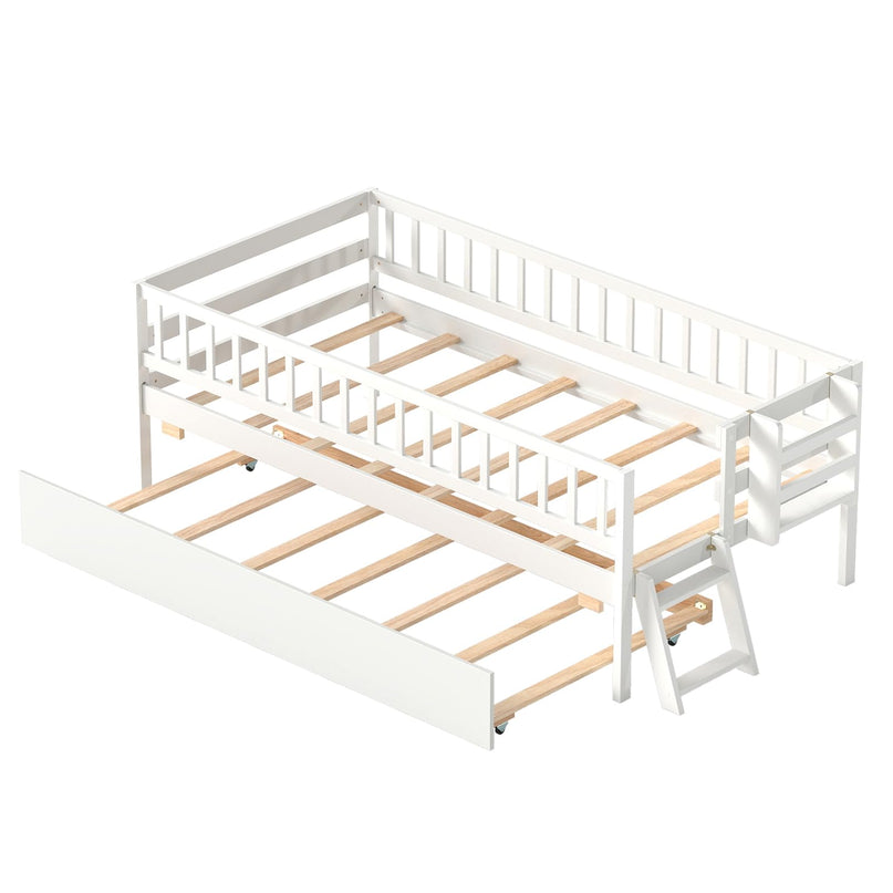 GIANTEX Trundle Bed Twin Size with Bookshelf 2-Step Ladder for Kids