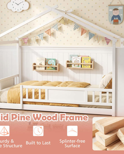 GIANTEX Twin Montessori Floor Bed with Storage Bookshelf & Safety Guardrail