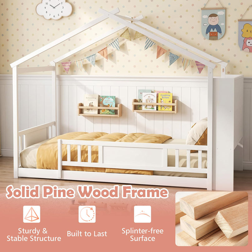 GIANTEX Twin Montessori Floor Bed with Storage Bookshelf & Safety Guardrail