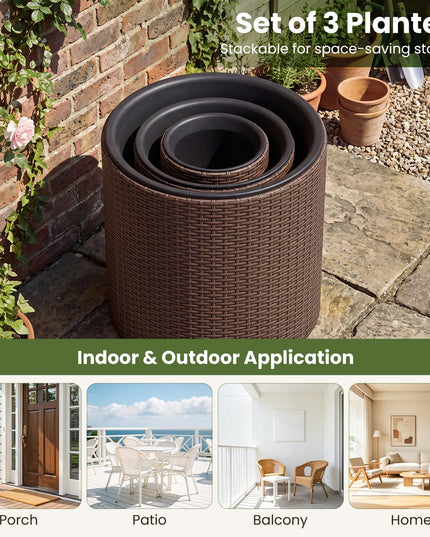 GIANTEX Set of 3 Rattan Round Flower Pot Set