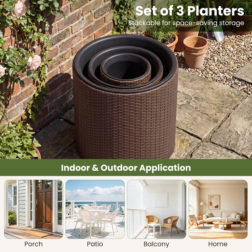 GIANTEX Set of 3 Rattan Round Flower Pot Set